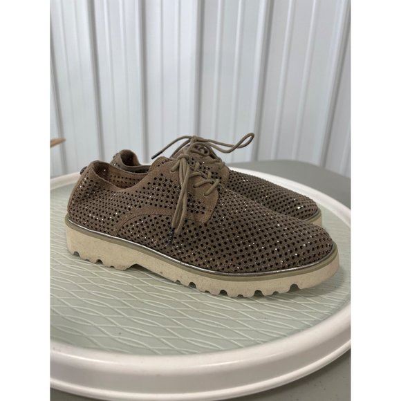 Donald J. Pliner Conni Perforated Oxfords Womens 6 Glitter Studded Suede Tan - Picture 4 of 9